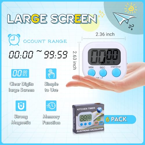 Mwellewm 6 Packs Digital Timers for Classroom Kitchen Timer Small Magnetic Countdown Stopwatch for Cooking Mini Loud Alarm Stop for Kitchen Study Work Baking Sports Games Office Timer Clock - color: Blue Orange White