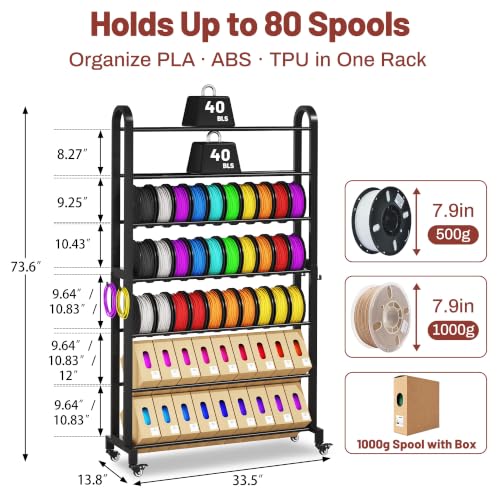7-Tier 3D Printer Filament Storage Rack with Wheels, Heavy Duty Adjustable Metal Shelf Holds 80 Spools, Tall Mobile Filament Organizer with Hooks for 3D Printing Business & Workshop - color: Black - 7-tier, size: Large