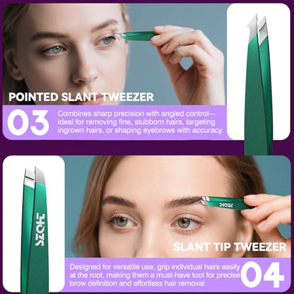 4-Piece Precision Tweezers Set - Stainless Steel Slant, Pointed, Flat & Angled Tips forEyebrow Shaping, Facial & Ingrown Hair Removal - Eco-Friendly Gift Packaging - Women& Men - color: Green
