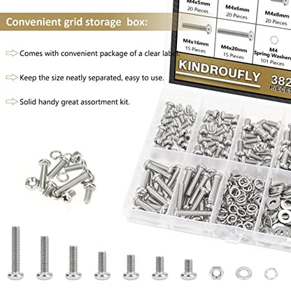 382 Pieces M4 x 5/6 /8/10 /12/16 /20mm Phillips Pan Head Machine Screws Nuts Washers Assortment Kit, 304 Stainless Steel, Fully Machine Thread - size: M4