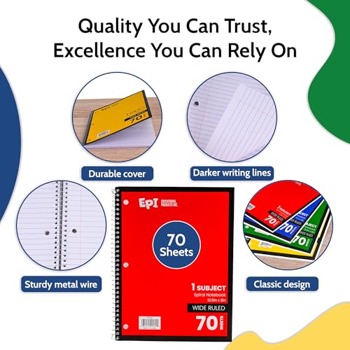 720 Pack (Pallet) Bulk EPI Spiral Notebooks – Wide Ruled, 70 Sheets, Durable Spiral Binding – Assorted – 10.5 x 8in – Bulk School Supplies, Heavy Duty for Journaling, Office or Classroom Notes - color: Assorted, size: 720