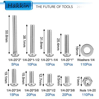 Hakkin 330pcs SAE 1/4-20 UNC Hex Socket Button Head Cap Screw Bolts Flat Washers Nuts Assortment Kit 304 Stainless Steel, 8 Sizes (Length 3/8" to 2"), Machine Screws Set with Storage Case - size: F. 1/4