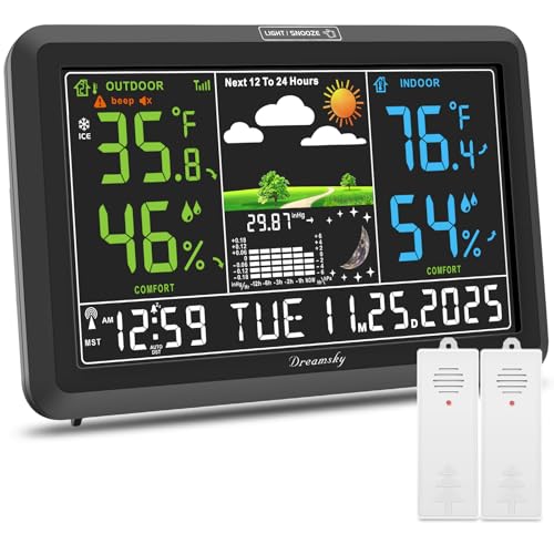 DreamSky Weather Station Indoor Outdoor Thermometer Wireless, Atomic Clock - color: Black with 2 sensors