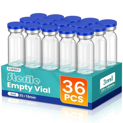 FURWEY 3ML Sterile Vials, Glass Empty Vials for Injection, 36 Pack - size: 3ML-36P