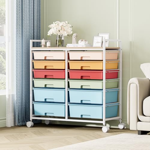 TOOLF 12 Drawers Rolling Storage Cart with Wooden Top for Classroom,Rainbow - color: Rainbow