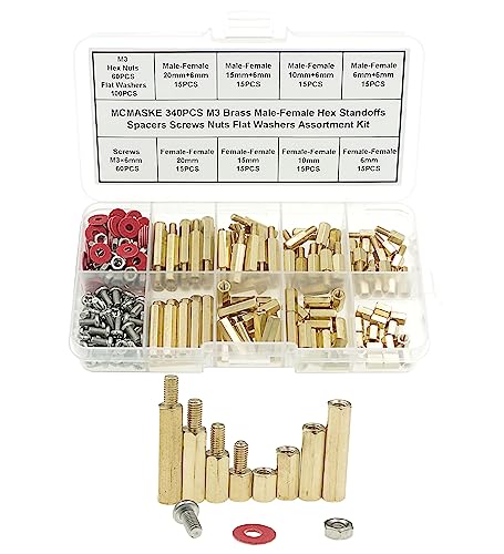 340PCS M3 Brass Male-Female Hex Standoffs Spacers Screws Nuts Flat Washers Assortment Kit;Female Lengths:6mm to 20mm - size: M3