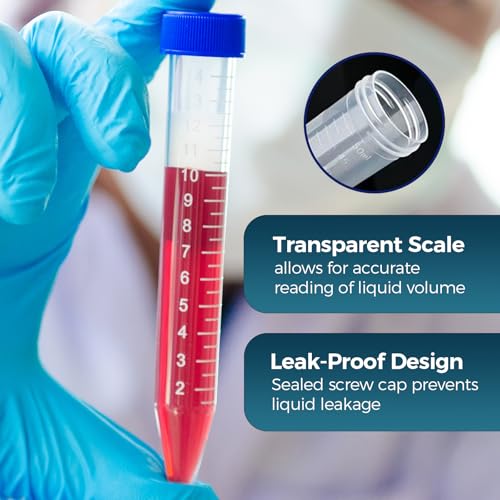 100Pack 15ml Centrifuge Tubes with Screw Cap, Sterile Plastic Conical Test Tube, with Graduated Marks and Writing Area Non-Pyrogenic, DN/RNase Free for Lab - size: 15ML-100PACK
