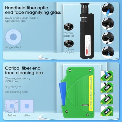 14PC Fiber Optic Cleaning kit, 400x Fiber Optic Microscope, 2.5mm/1.25mm & MPO/MTP Cleaner Pen and Cleaning Box with Replace core