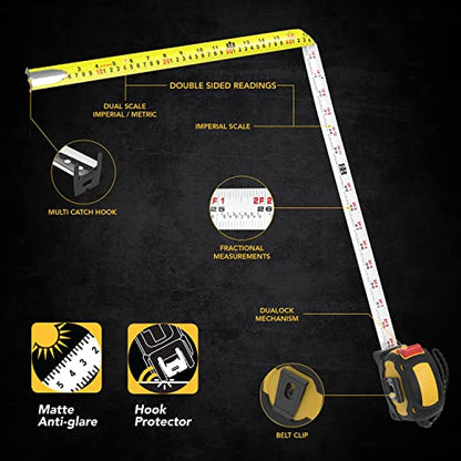 LEXIVON [2-Pack] 25Ft/7.5m DuaLock Tape Measure | 1-Inch Wide Blade with Nylon Coating, Matt Finish White & Yellow Dual Sided Rule Print | Ft/Inch/Fractions/Metric (LX-202) - size: 25 ft 2-Pack