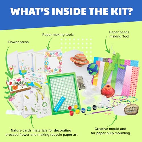 4M Green Paper Craft Kit for Kids Ages 5-12 - 3-in-1 Papermaking, Flower Press & Bead Jewelry Making - Eco-Friendly STEM Arts Crafts with Glow-in-the-Dark Moulds, Recycled DIY Gift - style: Green Paper Craft