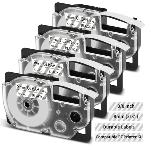 4-Pack Replace for Casio Label Maker Tape 9mm XR-9X4 XR-9X Clear Laminated - color: Clear (Transparent)