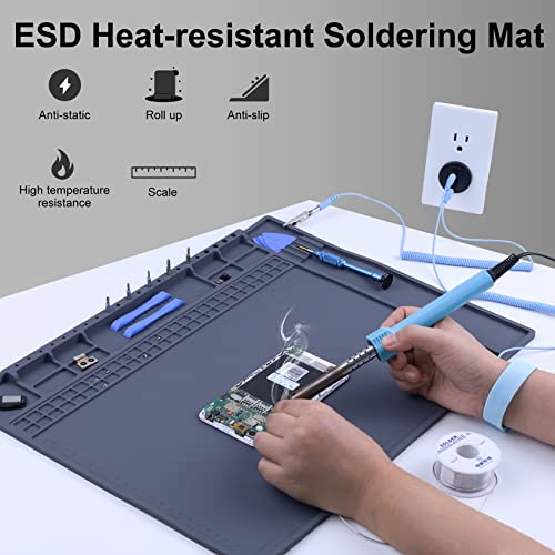 Premium Heat Resistant 932°F Anti Static Mat for Computer, Laptop, Cellphone Electronics Repair, HPFIX ESD Work Mat with Static Grounding Kit Include Grounding Plug, Grounding Cord, ESD Wristband