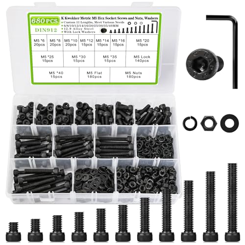 680PCS M5 Nuts and Bolts Assortment Kit 6mm-40mm, 11 Length Hex Socket Head Cap Machine Screws 12.9 Alloy Steel M5 Screw Assortment, Bolts and Nuts Kit Black 6/8/10/12/14/16/20/25/30/35/40MM - size: D. M5