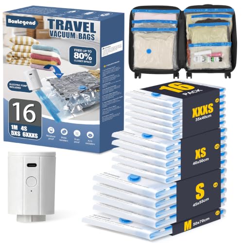 BoxLegend 16 Pack Travel Vacuum Storage Bags with Electric Pump 1 * 27.6x19.7+ 4 * 21.7x17.7+ 5 * 19.7x15.7+ 6 * 15.7x13.8in, Thickened Compression Bags for Clothes Luggage Travel Moving & Closet - size: 16 COMBO