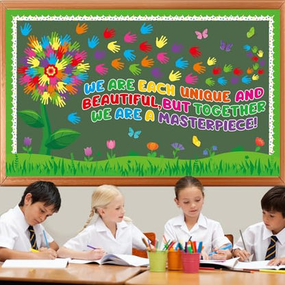 Spring Florals Bulletin Board Decorations Set Spring Tree Bulletin Board Classroom Decorations Handprint Flower Paper Cutouts March Bulletin Board Borders for School Chalkboard Door Supplies - style: Handprint Flowers