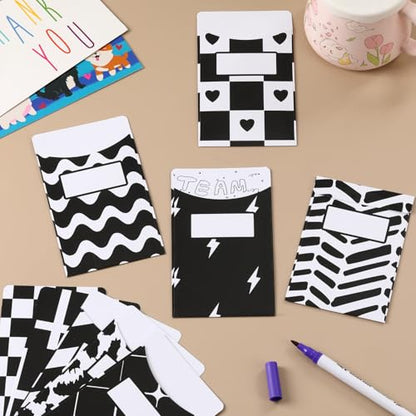 50 Pcs Black & White Classroom Jobs Bulletin Board Pocket Chart Set 10 Unique Designs Library Pockets 3.5x5 Inches Card Stock Envelopes with Adhesive Dots for Back to School Classroom - color: Black N White, size: 3.5x5 IN - 50 Count