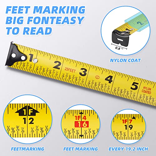 URASISTO Tape Measure 25FT with Fractions 1/8, Retractable Measuring Tape, Easy to Read, Rubber Protective Casing and Shock Absorbent Case for Carpenter, Surveyors, Engineers and Electricians