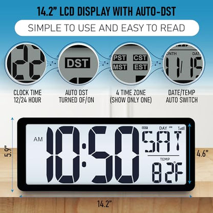 TXL Atomic Clock with Backlight, 14.2" Large Digital Wall Clock Battery Operated, Digital Clock Large Display with Day, Date & Temperature, Large Wall Clock for Bedroom, Livingroom, Office - color: Black Atomic Backlight-14.2in