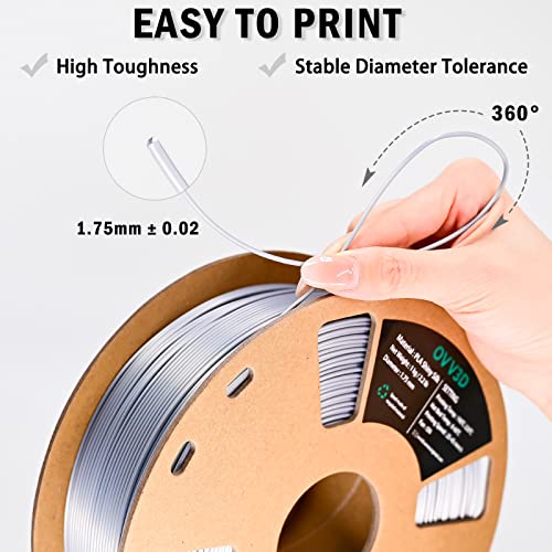 OVV3D Silk Silver Filament PLA 1.75mm, Upgrade Silver Grey PLA 3D Printer Filament, Silk Silver Metal 3D Printing Filament, 3D Filament 1.75 +/- 0.02mm, Silk 1.75 PLA Filament for 3D Printer - color: Silk Metal Silver