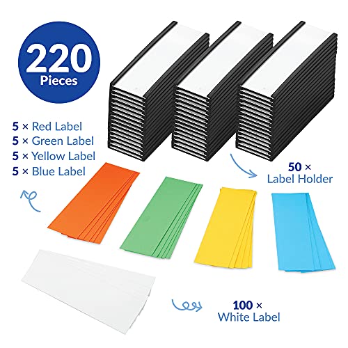 50 Pack "C" Channel Magnetic Label Holders 1x3 with 100 White Card Inserts, 50 Clear Plastic Protectors and Bonus 20 Colorful Cardstock Inserts in Blue, Green, Yellow and Red - Double-Sided Cards