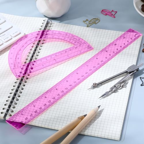 Zonon 3 Pcs 12" Clear Plastic Ruler 6 Inch Protractor Compass Set, Pink - color: Pink, size: 12 Inch
