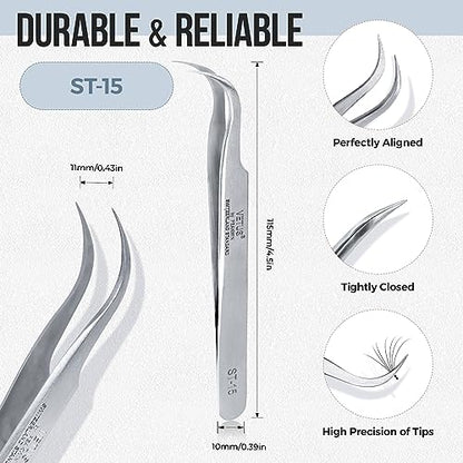 LASHVIEW Lash Tweezer, Vetus Curved Eyelash Tweezers for Profissional Grafting Eyelash Extension, Stainless Steel Needle Nose Tweezers for Lash Extension Stickers Precision Electronics, ST15 - size: ST15
