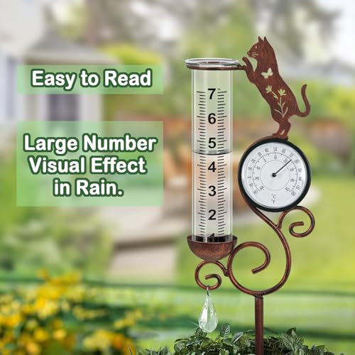 Cat Rain Gauge Outdoor,Large Number Scale Rain Gauge-Temperature&Hygrometer - color: Cat