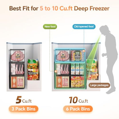 Freezer Organizer Bins, 6 Pack Enlarged Baskets for 5-9 Cu.FT Deep Freezer - color: black 6 pack