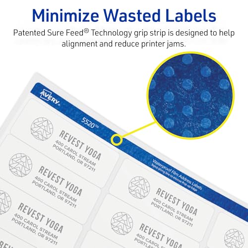 Avery Durable Waterproof Address Labels with Sure Feed Technology, 1" x 2-5/8", White, Laser & Pigment-Inkjet Compatible, 1,500 Blank Labels Total, Great for Mailing, Branding, and More (5520)