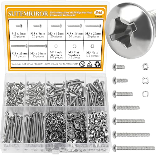 546 Pieces M3 Machine Screws Nuts Washers Set, Sutemribor M3 x 6/8/12/16/20/25/30mm Phillips Pan Head Machine Screws Nuts Washers Assortment Kit, 304 Stainless Steel, Fully Threaded - size: M3, style: Phillips Pan Head