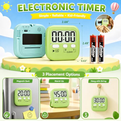 Antonki 2 Pack Digital Timer for Kids Classroom Kitchen Timers for Cooking - color: Lime Green + Mint Green