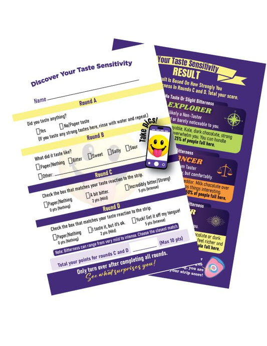 Super Taster Test Kit with Exclusive Blue Dye Tongue Test – Supertaster Taste Sensitivity Kit with PTC, Thiourea, Sodium Benzoate & Control Taste Strips – Test My Taste