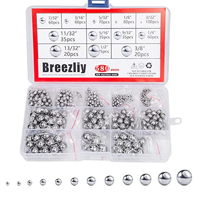 580 Pcs 12 Size Precision 304 Stainless Steel Bearing Steel Ball Assortment 3/32” 1/8" 5/32" 3/16" 7/32" 1/4" 9/32” 5/16” 11/32” 3/8” 13/32” and 1/2'' with Storage Box - size: 0.094-0.500" (12 Sizes)