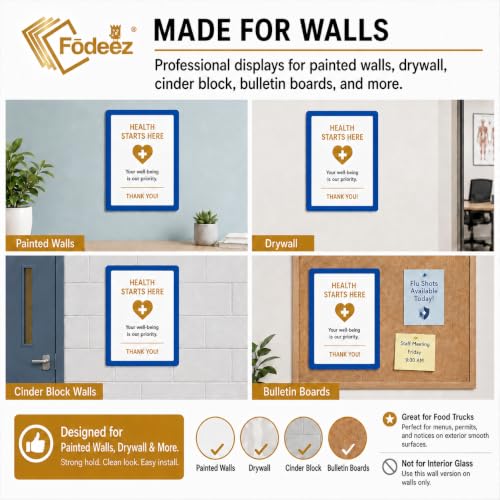 8.5 x 11 Adhesive Wall Frames - Peel & Stick Picture Frames, Wall Sign Holder, Paper Protector Sheets, Certificate Holders, Reusable Picture Frame, Dry Erase, Non Magnetic - Blue, Pack of 5 - color: blue