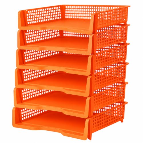 6 Pcs Orange Turn in Trays Classroom, Stackable Paper Bins for Classroom, 13x9x2.8 inch Plastic Baskets Desktop Organization System Office (Orange) - color: Orange