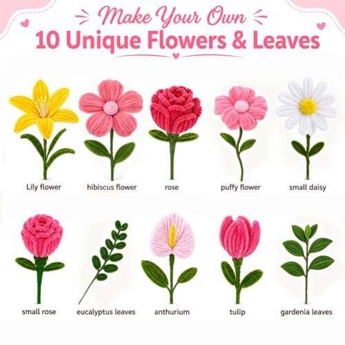 shaXsha Pipe Cleaner Flower Kit Bulk, 1160+ PCS All-in-One Beginner Craft Set with 650 PCS Pipe Cleaners, 500+ Beads & Eyes, Pink-Themed Materials for Creative DIY, Illustrated & Video Guides