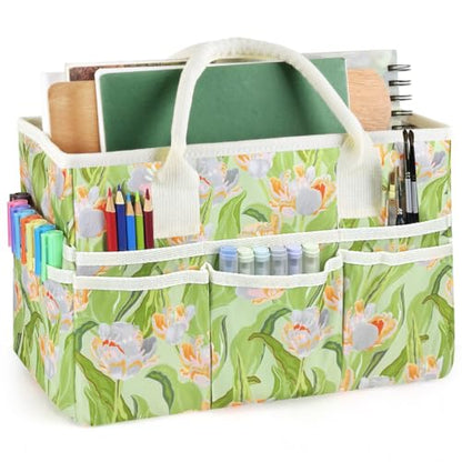Craft Organizer Tote Bag with Multiple Pockets,Green Leaves Tulips - color: Green Leaves Tulips