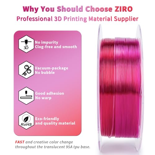 ZIRO Fast Color Changing TPU Filament, Shore 95A 0.8kg Spool, Flex Fushia - color: Flex Fushsia (Tpu)
