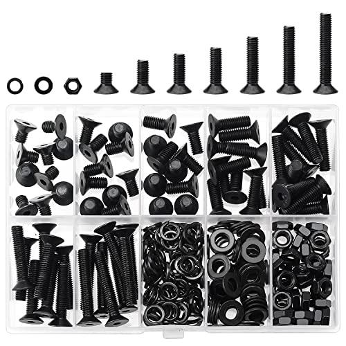 HELIFOUNER 240 Pieces M5 x 6mm /8mm /10mm /12mm /16mm /20mm /25mm, Countersunk Head Socket Cap Screws Bolts Washers Nuts Kit, 10.9 Grade Alloy Steel, Full Threaded, Black - size: M5, style: Countersunk Head