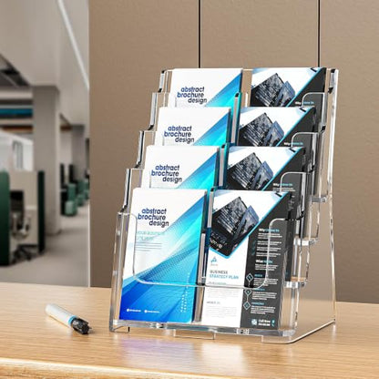 FUCDTEFC Acrylic Brochure Holder 8.5x11 & 4 x9 Inches, Clear 4 Tier Magazine Holder Brochure Display Stand w Removable Divider, Literature Pamphlet Flyer Holder for Wall Mount or Countertop - size: 4-Tier Brochure Holder