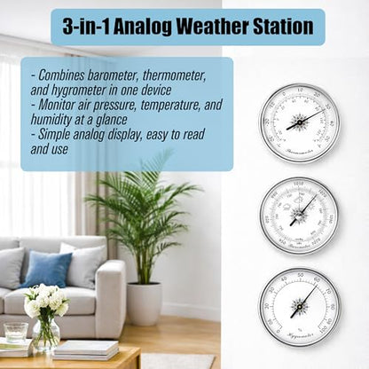 Analog Weather Station Barometer 3-in-1 Set, Silver Dial Type Traditional Barometers Hygrometer Thermometer, -30–50°C, Air Pressure Temperature Humidity Gauge 950 to 1070hPa, No Batteries Required