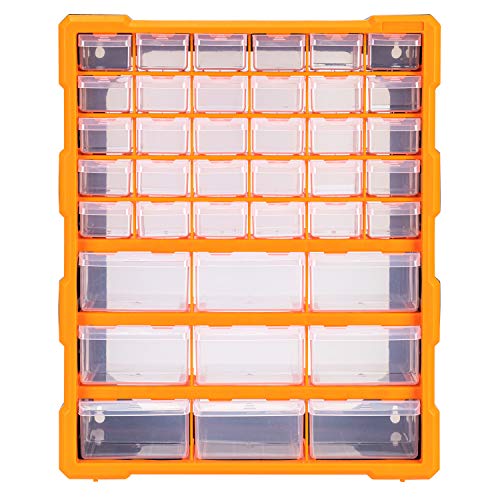 Amazon Basics Wall Mount Hardware and Craft Storage Cabinet Organizer with 39 Drawers, Plastic Garage Organization System with Dividers for Small Parts, Black, Orange, 15" x 6.3" x 18.6"