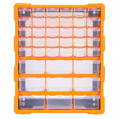 Amazon Basics Wall Mount Hardware and Craft Storage Cabinet Organizer with 39 Drawers, Plastic Garage Organization System with Dividers for Small Parts, Black, Orange, 15" x 6.3" x 18.6"