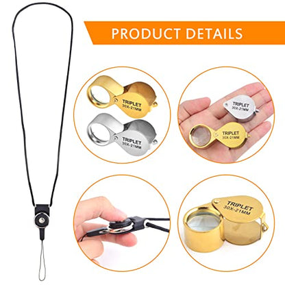 2 Pack 30X 21mm Small Pocket Triplet Jewelry Loupe Metal Folding Magnifying Glass Jewlers Loop with Attached Rope Straps Eye Glass Magnifier for Gems Coins Maps Stamps Currency Detect