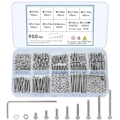 900 Pcs M2 Screws, Nuts and Washers Set - Hex Socket Head Cap Screws Kit - Stainless Steel Bolts Assortment - Metric Machine Screws With Fully Threaded Hex Nuts - size: M2