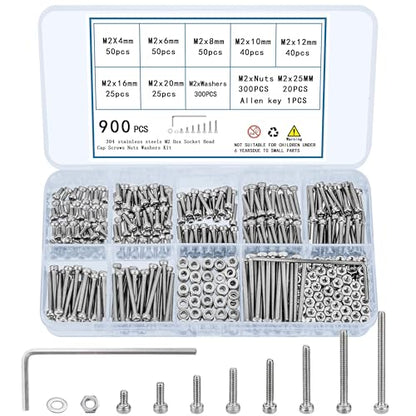 900 Pcs M2 Screws, Nuts and Washers Set - Hex Socket Head Cap Screws Kit - Stainless Steel Bolts Assortment - Metric Machine Screws With Fully Threaded Hex Nuts - size: M2