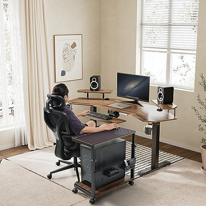 EUREKA ERGONOMIC PC Stand Computer Cart, Height Adjustable Tower Stand 2-Tier Suit for ATX Case Printer, Metal Rolling Cart on Wheels for Gaming Home Office, Walnut - color: Walnut