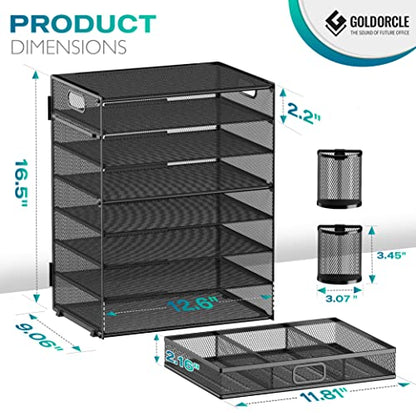 8 Tier Paper Letter Tray Organizer (Black-with Drawer,Pen Holders) - color: Black-with Drawer,pen Holders