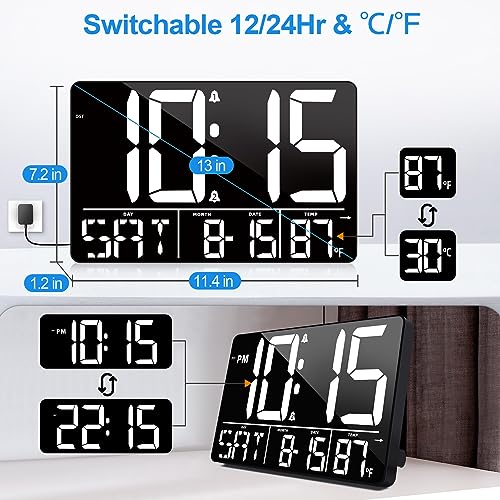 PERSUPER 13" Digital Wall Clock Large Display with Remote, Temp & Timer - style: White