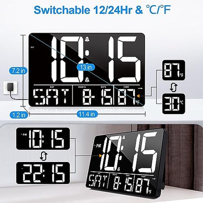 PERSUPER 13" Digital Wall Clock Large Display with Remote, Temp & Timer - style: White